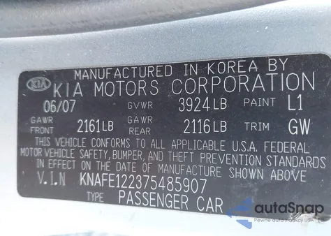 2007 Kia Spectra Ex z USA, uszkodzony, nr VIN KNAFE122375485907